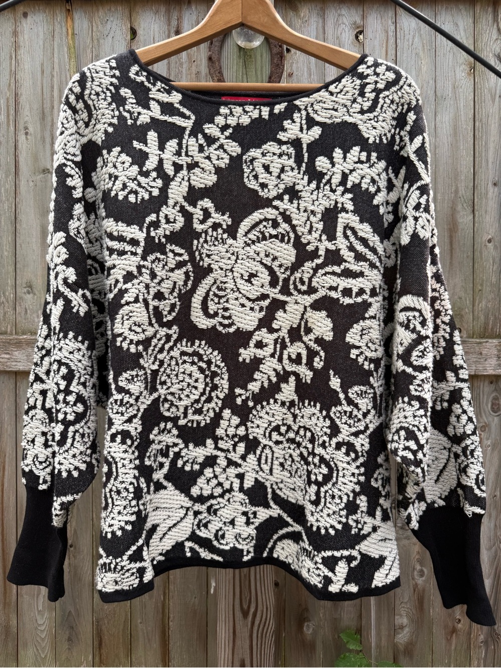 Krimson Klover Black and Cream Floral Tapestry Sweater Cotton Blend Cottagecore